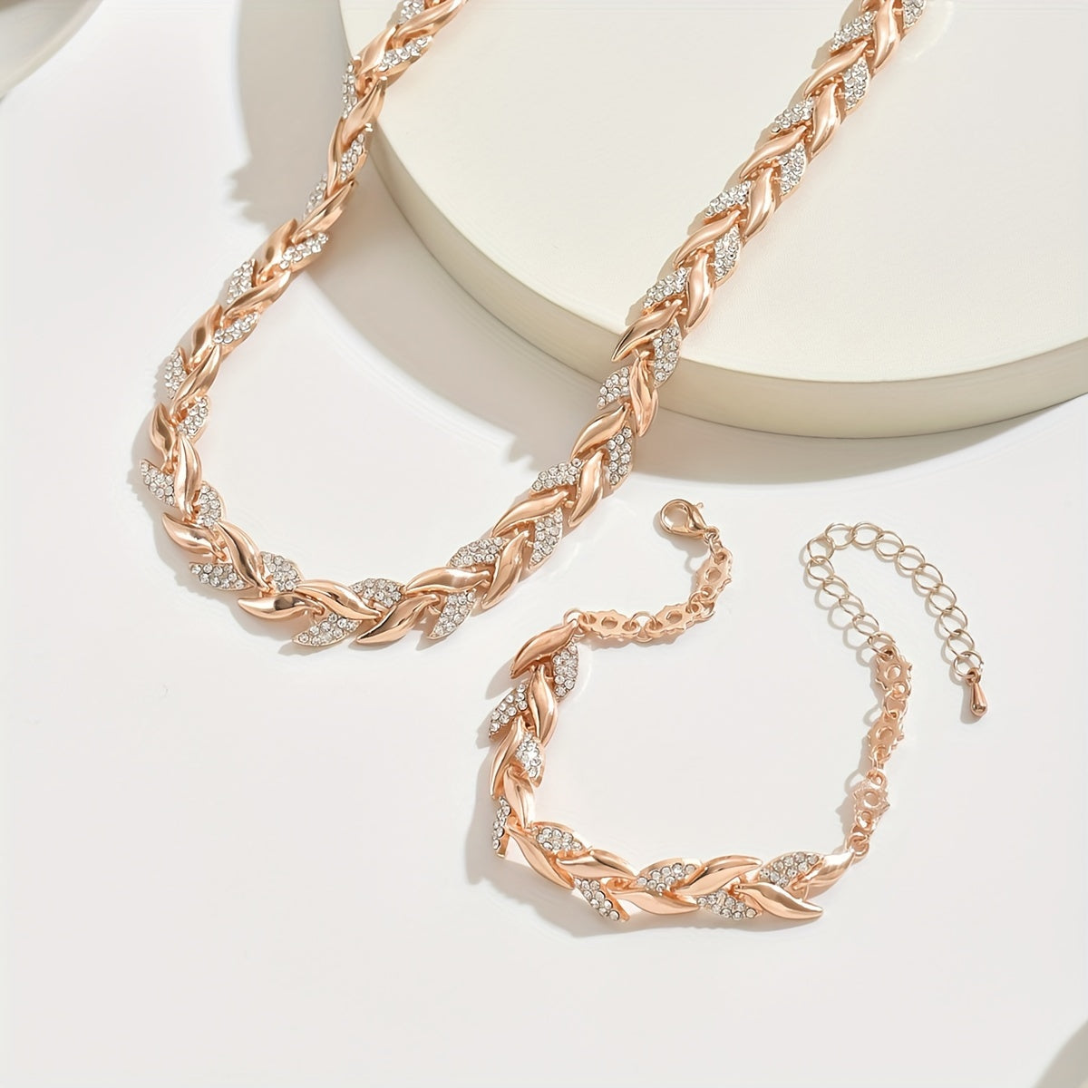 ELEGANT ROSE GOLD-TONE LEAF LINK JEWELLERY SET